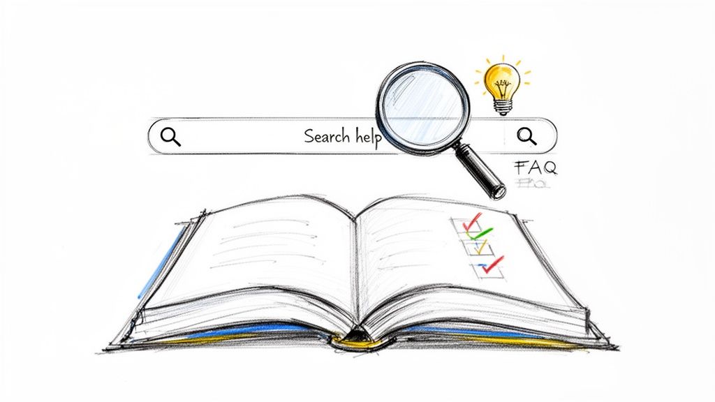 Sketch of an open book, search bar 'Search help', magnifying glass, light bulb, and checklist.