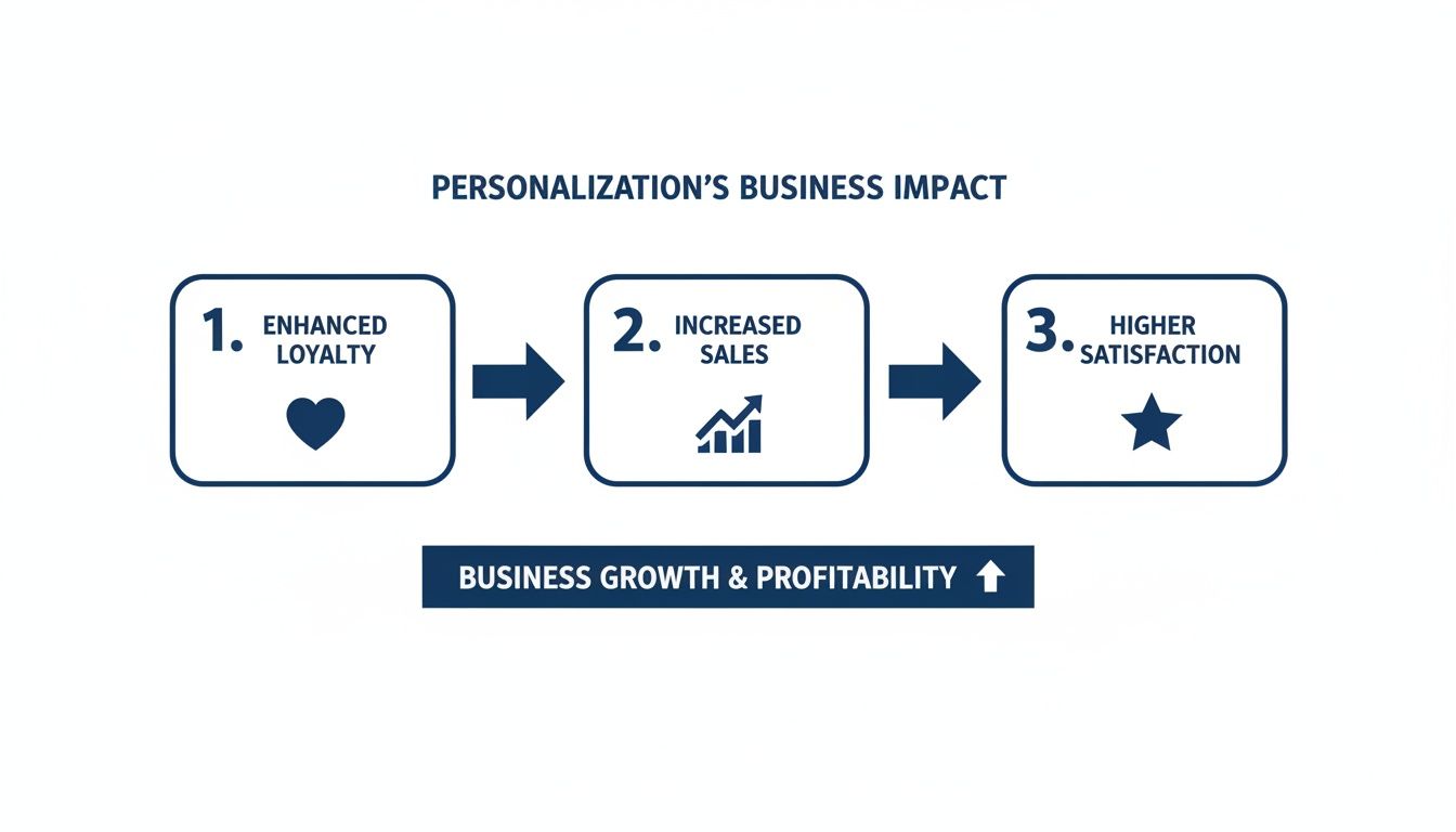 Diagram showing how personalization leads to enhanced loyalty, increased sales, and higher satisfaction, driving business growth and profitability.