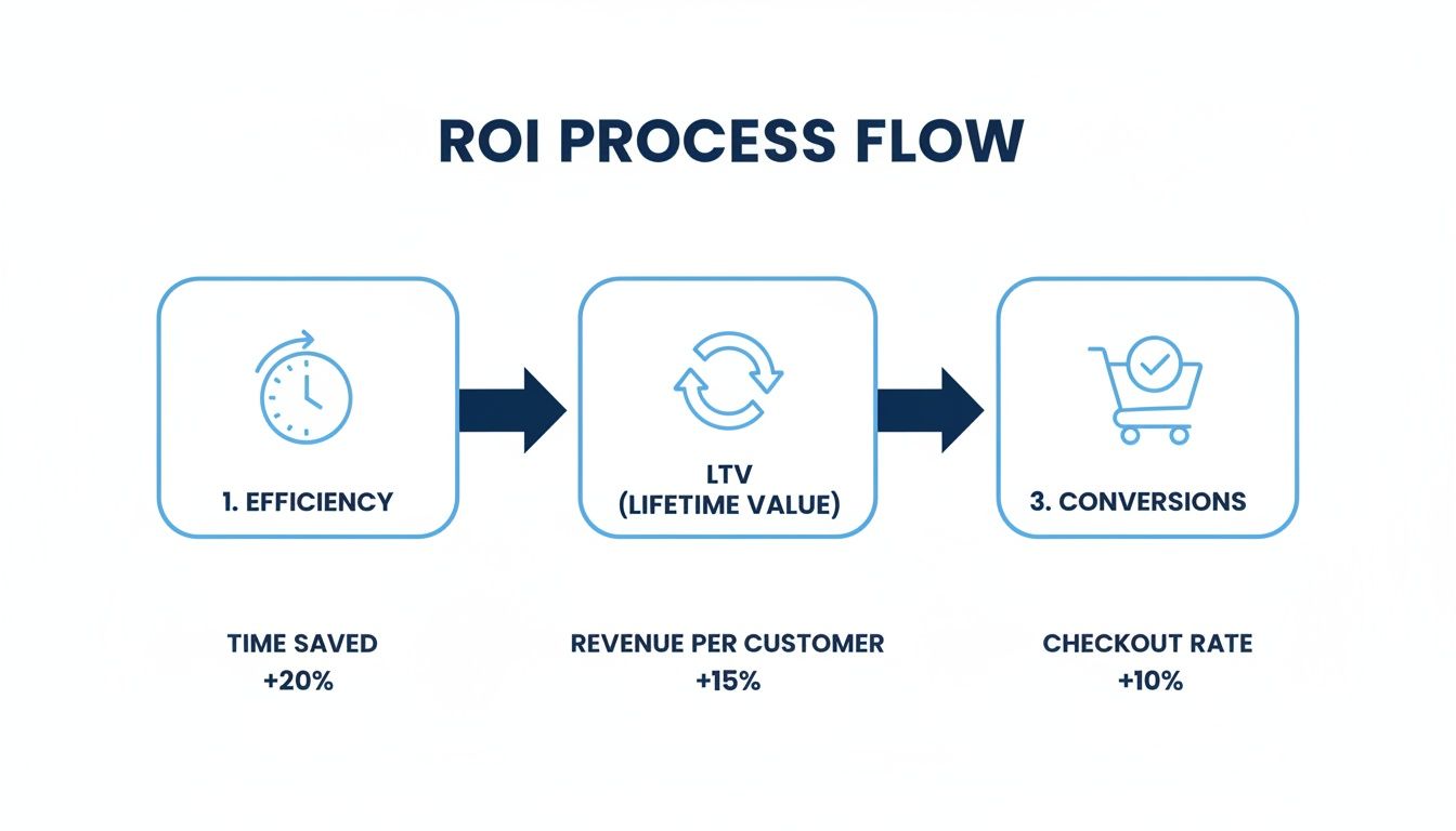 Flowchart illustrating the ROI process with efficiency, lifetime value, and conversions, showing key metrics.