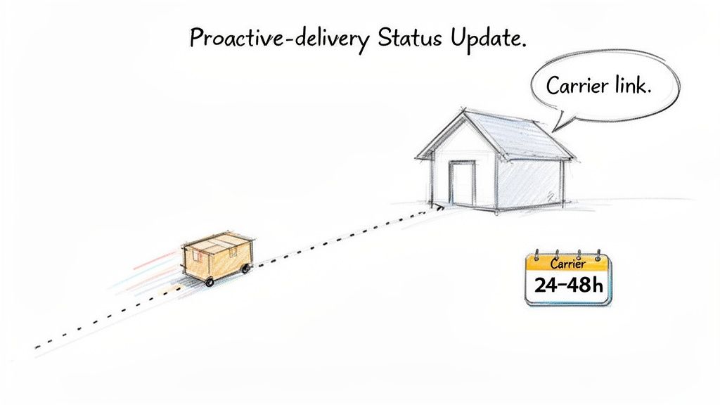 Illustration of a package being delivered to a house with status updates and estimated delivery time.