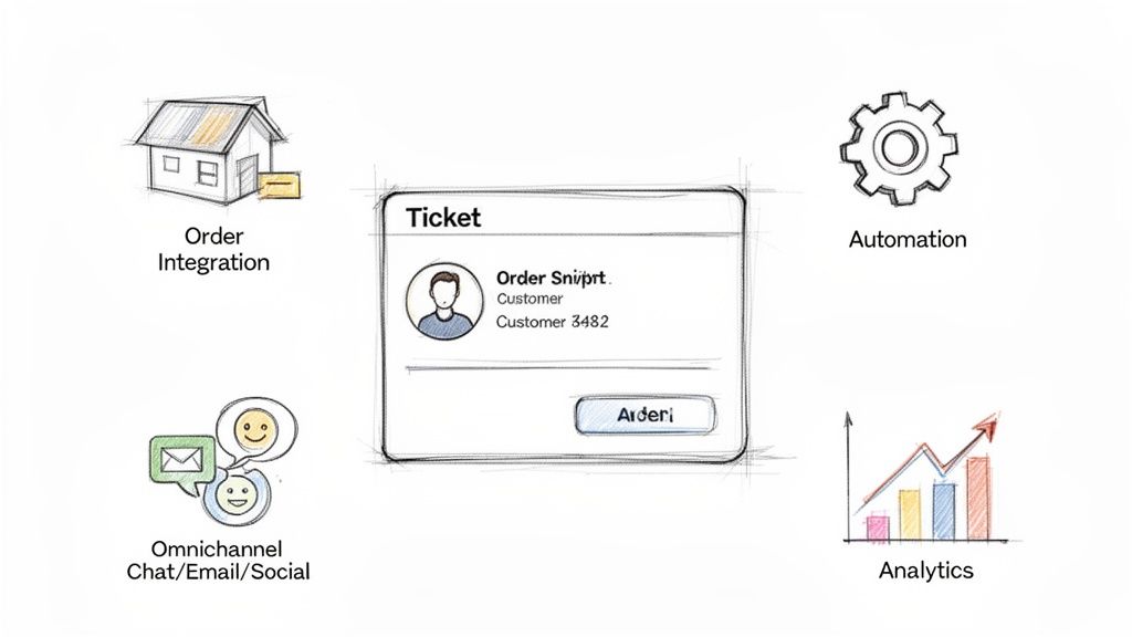 Diagram illustrating key features of a customer service ticketing system, including integration, automation, and communication channels.