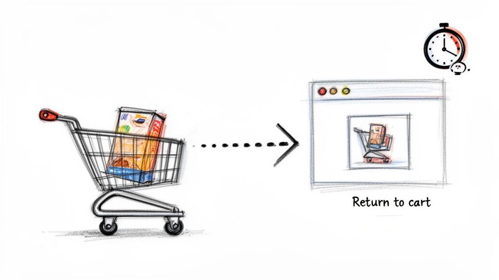 A sketch of a shopping cart with items moving towards an online "Return to cart" webpage, with a clock icon.