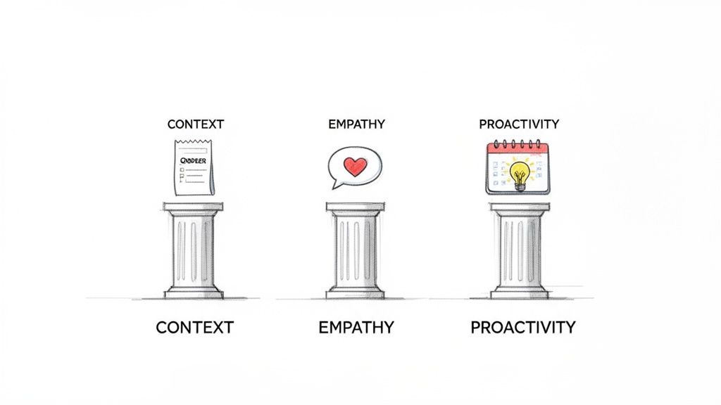 An illustration of three pillars supporting Context, Empathy, and Proactivity for better service.