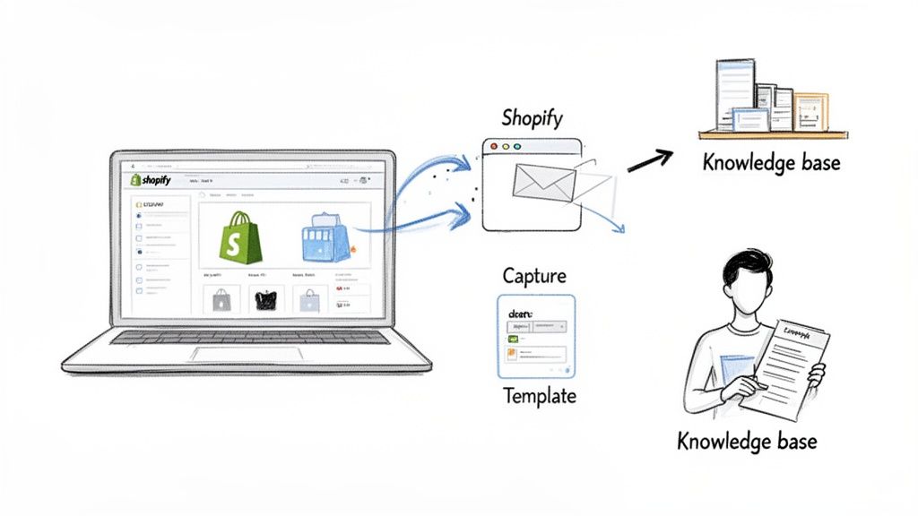 Diagram illustrating how Shopify data is captured, templated, and stored in a knowledge base for use.