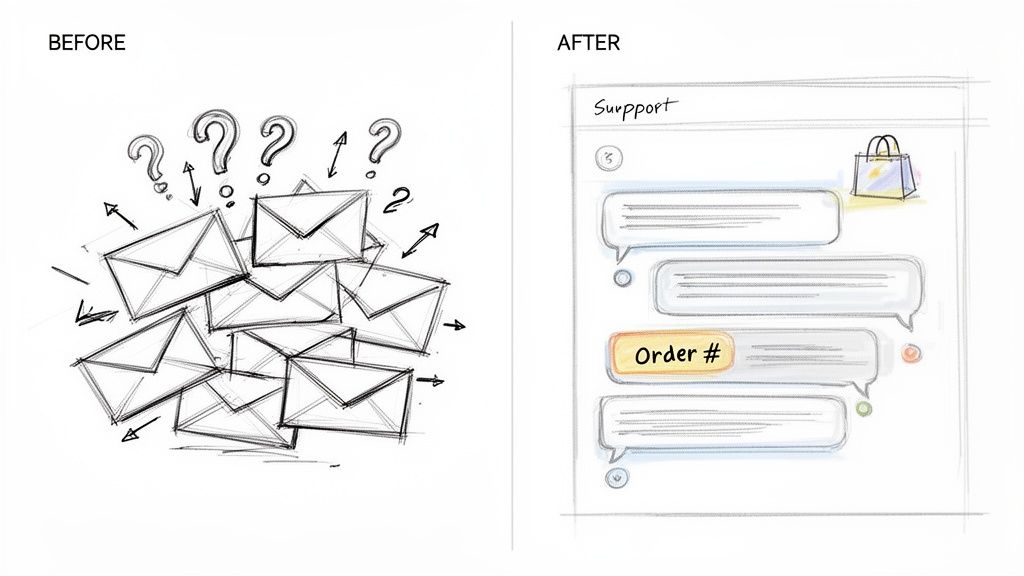 Before: chaotic emails with question marks; After: organized chat support with an 'Order #' button.