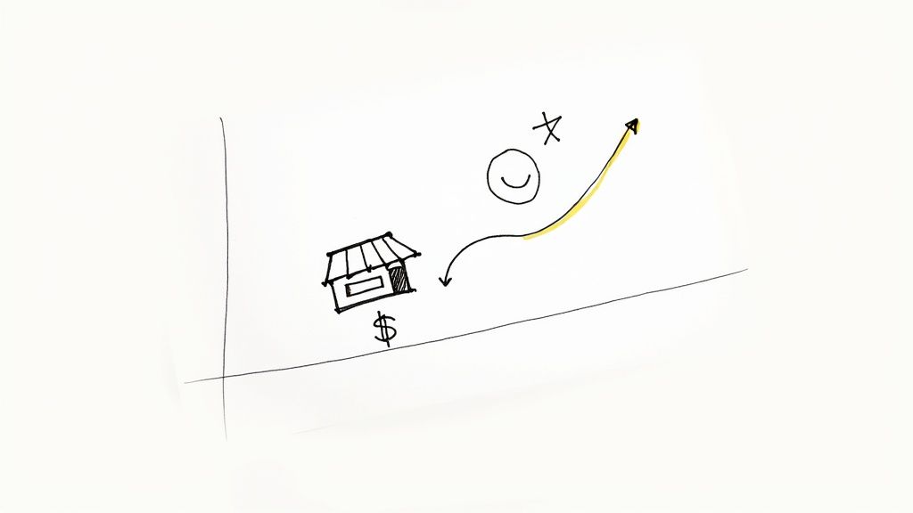 Hand-drawn diagram illustrates a store and dollar sign leading to a happy face and an upward trending arrow, symbolizing business growth.