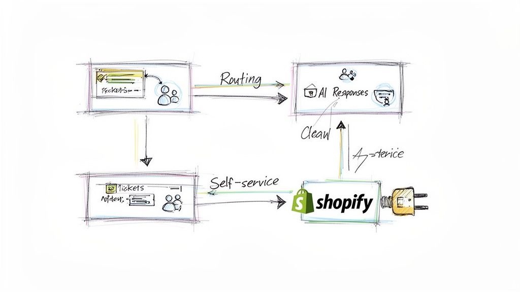 Hand-drawn diagram of an automated customer service workflow with ticket routing, AI responses, self-service, and Shopify integration.