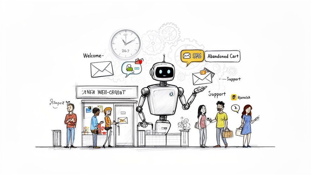 A robot automating customer interactions in a retail setting, handling welcome emails, abandoned carts, and support 24/7.
