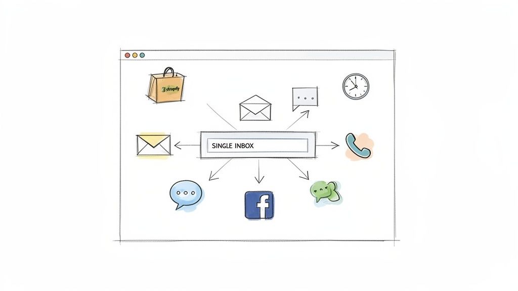 Illustration showing email, social media, chat, and other communication channels consolidated into a central 'Single Inbox' for efficient management.