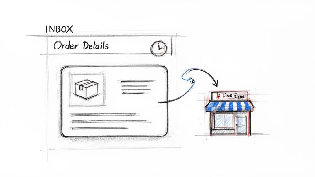 A sketch illustrating order details with a package icon connecting to a physical store labeled "Live Sync."