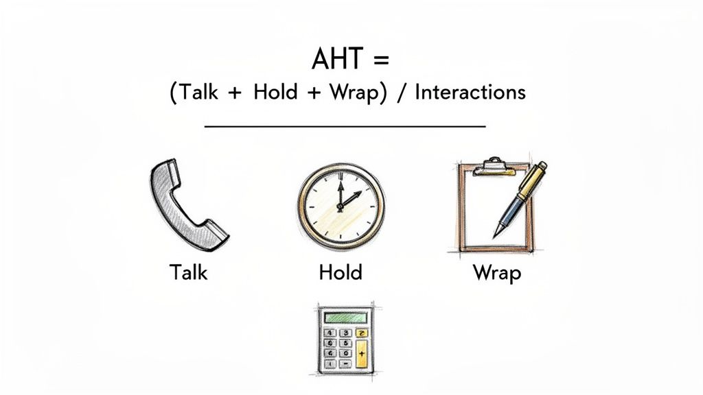 Formula for Average Handling Time (AHT) showing talk, hold, and wrap time divided by interactions, with corresponding icons.