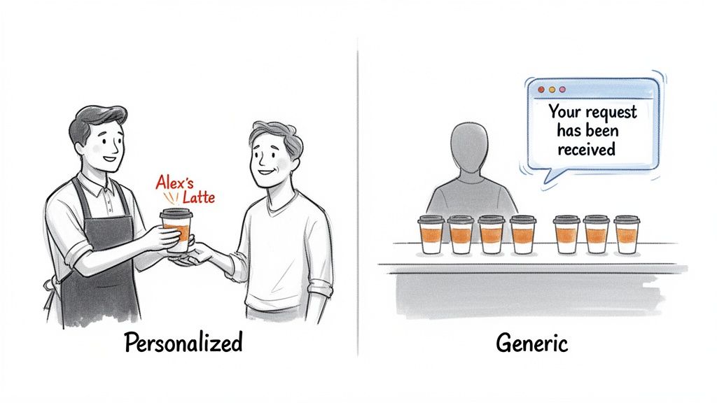 A barista offers a personalized coffee named 'Alex's Latte,' contrasted with a generic service of identical cups.