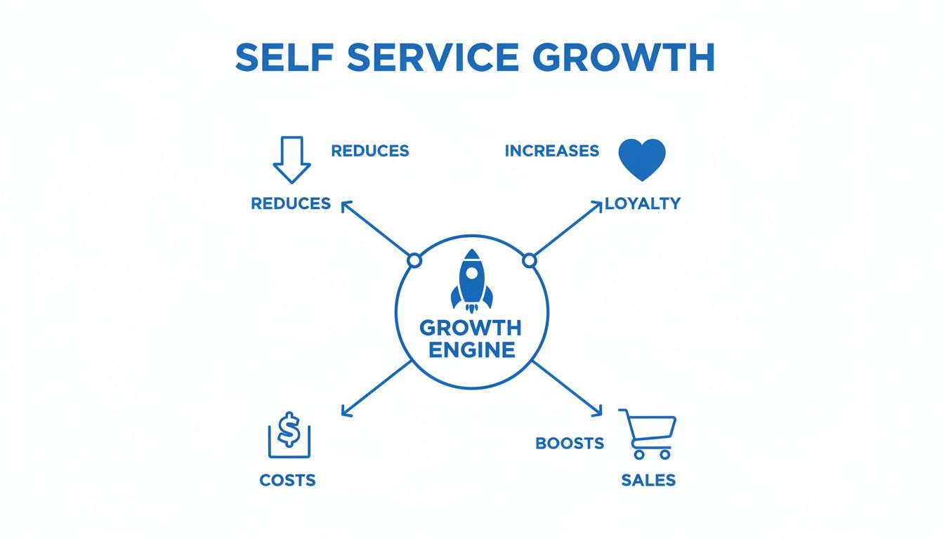 A diagram illustrates self-service growth as a growth engine reducing costs, boosting sales, and increasing loyalty.