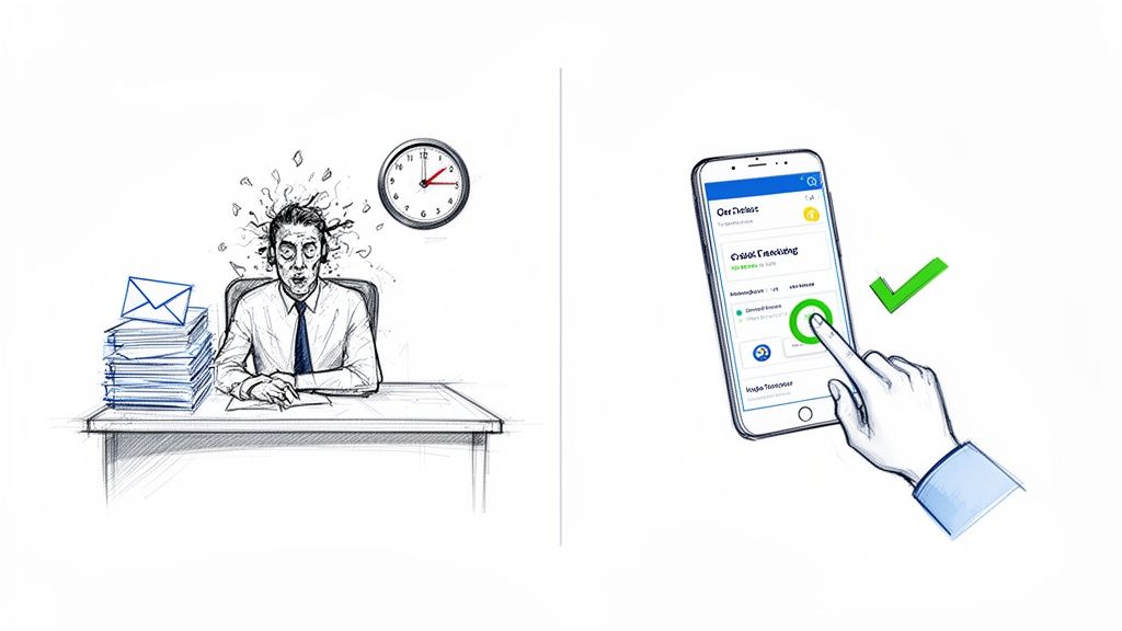 A stressed man overwhelmed by paperwork contrasts with a smartphone showing an easy-to-use self-service tracking app.