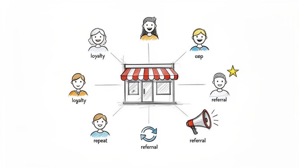 Infographic illustrating various customer types including loyalty, repeat, and referral surrounding a store.