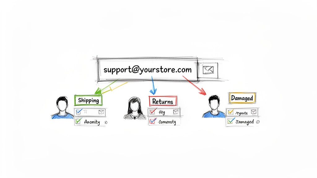 Diagram illustrating a support@yourstore.com shared inbox routing customer emails to specialized teams for shipping, returns, and damaged items.