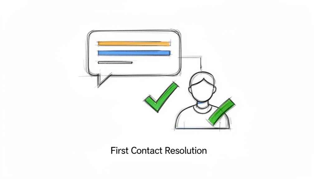 Sketch illustration of a speech bubble and a person, both with green checkmarks, representing first contact resolution.