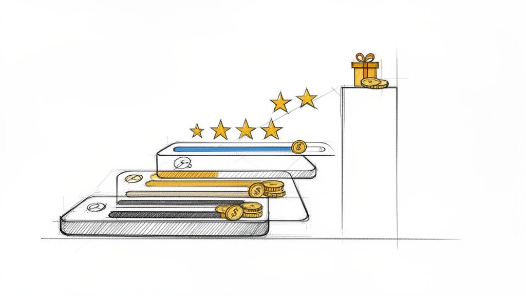 Hand-drawn image illustrating a tiered reward system with progress bars, coins, and stars leading to a gift.