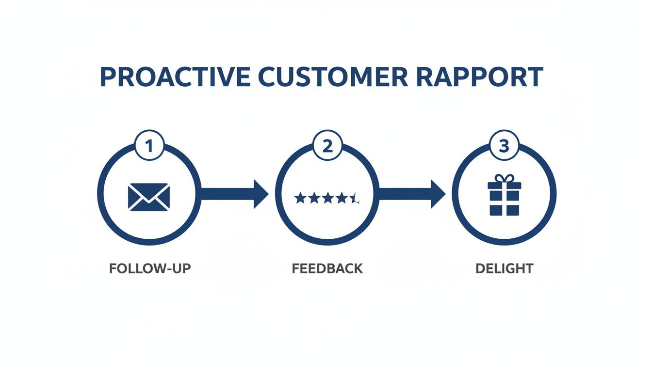 Flowchart illustrating a 3-step customer rapport process: follow-up, feedback, and delight.