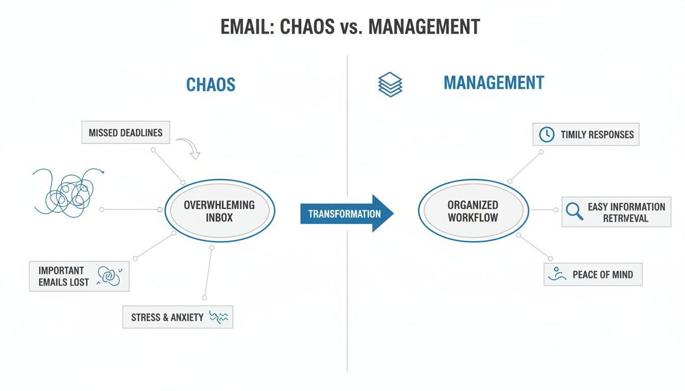 Diagram comparing email chaos (missed deadlines, stress) to email management (timely responses, peace of mind).