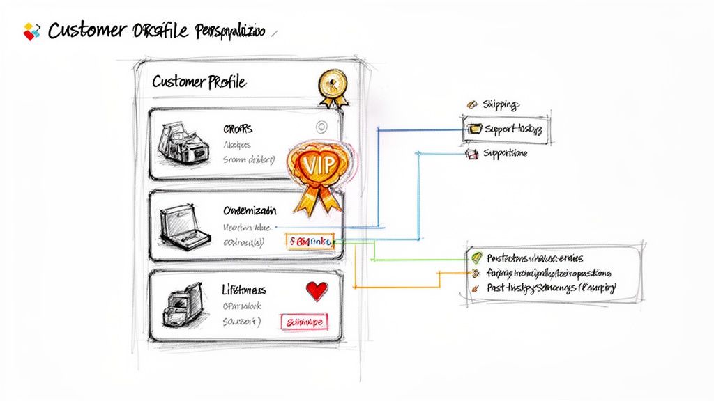 Sketch illustrating a customer profile personalization system with different categories and linked services.