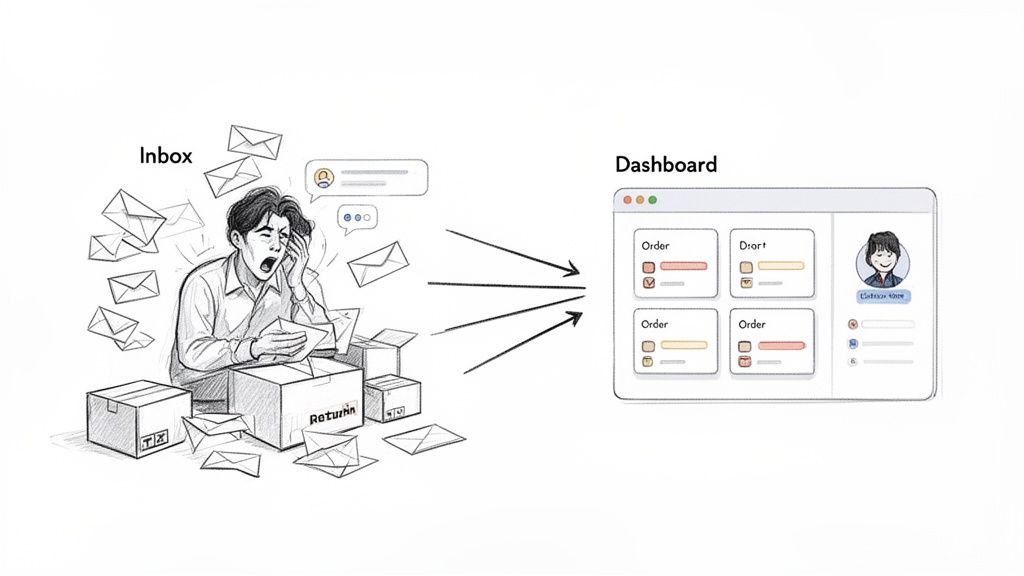 A frustrated person drowning in emails and packages, contrasting with an organized order management dashboard.