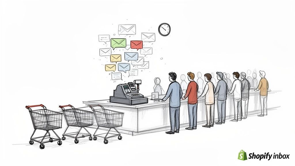 A long line of people waiting at a checkout counter, with many email and chat bubbles overhead, representing communication overload.
