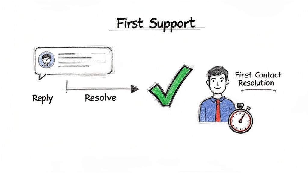 Illustration showing a chat leading to a green checkmark, symbolizing quick customer support and First Contact Resolution.