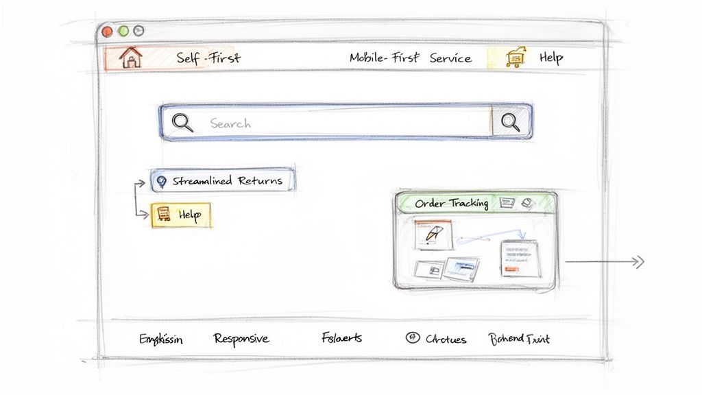 Hand-drawn sketch of a website interface featuring self-service options, a search bar, and order tracking.