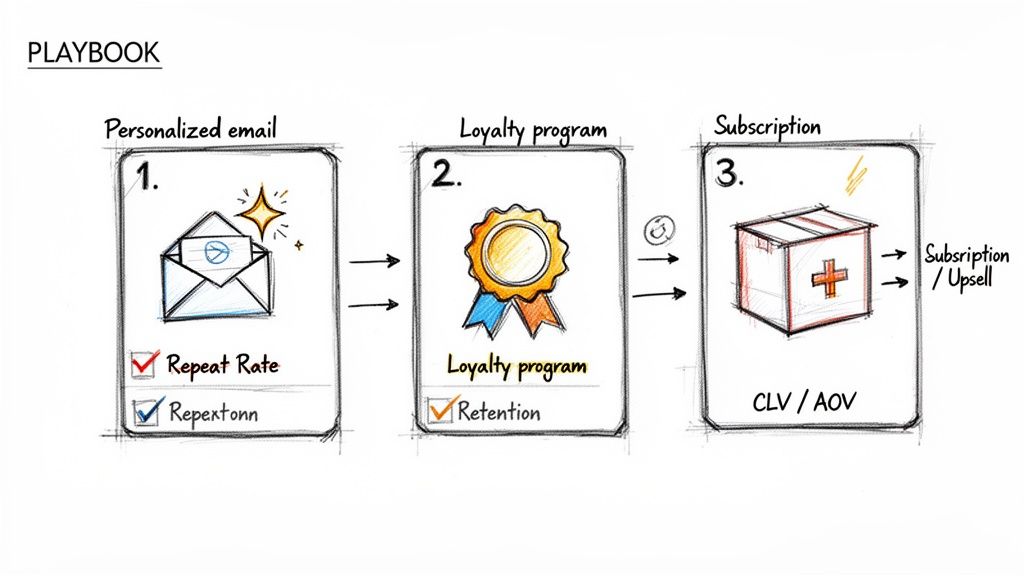 Hand-drawn playbook outlining steps for customer retention: personalized email, loyalty program, and subscription.