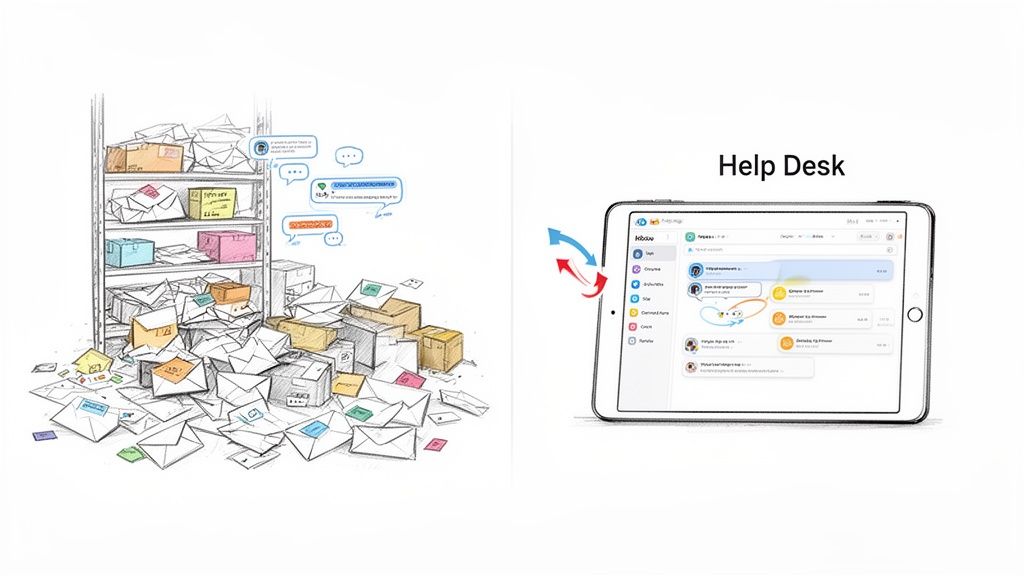 Messy physical mailroom transforming into an organized, efficient digital help desk on a tablet.