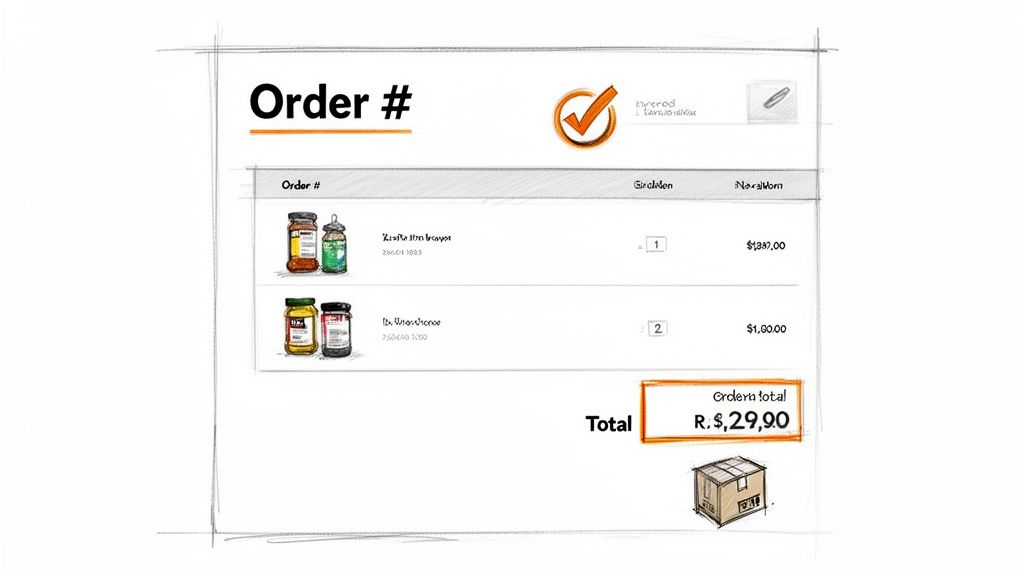 A hand-drawn sketch of an order form displaying two product items, quantities, prices, and a total of R$29,90.
