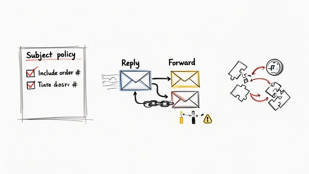 A whiteboard sketch illustrating email subject policy, reply and forward email flows with threading, and puzzle pieces representing information integration.
