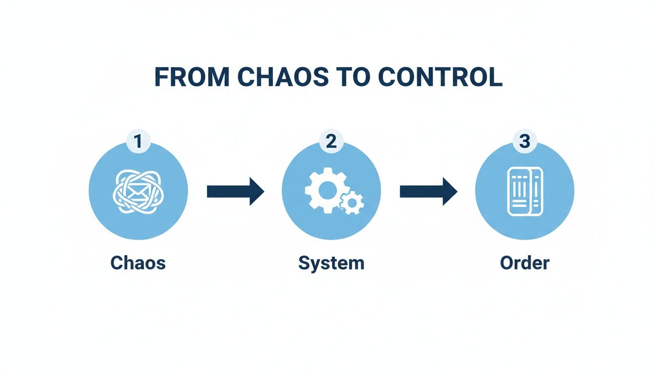 Process diagram: From chaotic inbox (tangled mail) to structured order (organized documents) via an efficient system (gears).