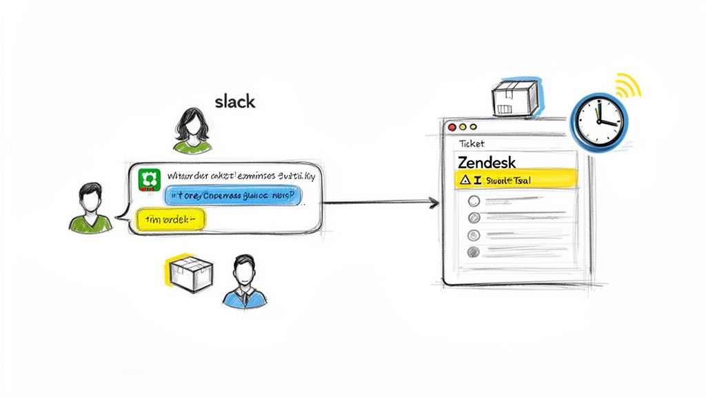 A diagram illustrating Slack and Zendesk integration for customer support workflow, showing message-to-ticket conversion and order tracking.
