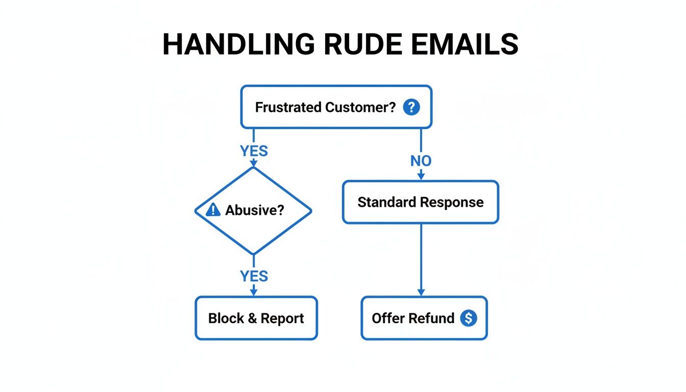 Flowchart guiding response to rude customer emails: blocking abusive ones or offering refunds.