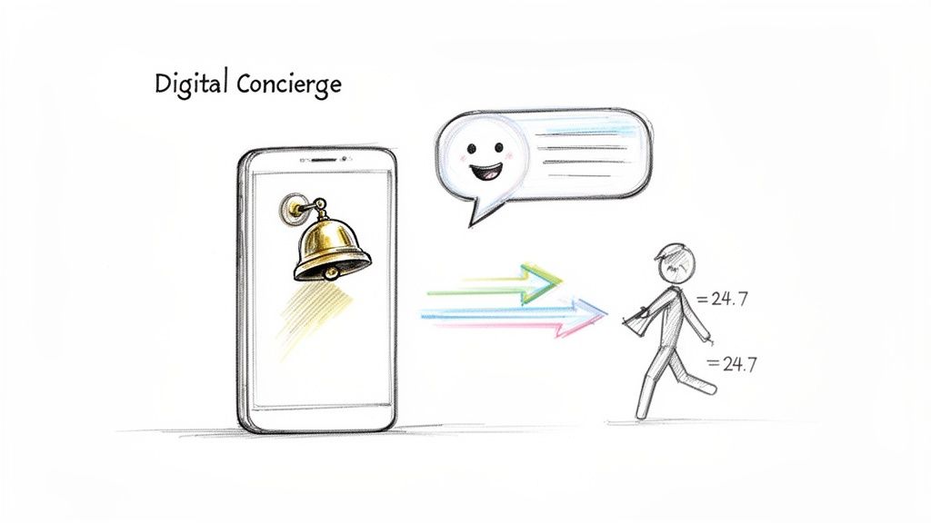 Illustration showing a digital concierge service with a smartphone, chat bubble, and 24/7 support.
