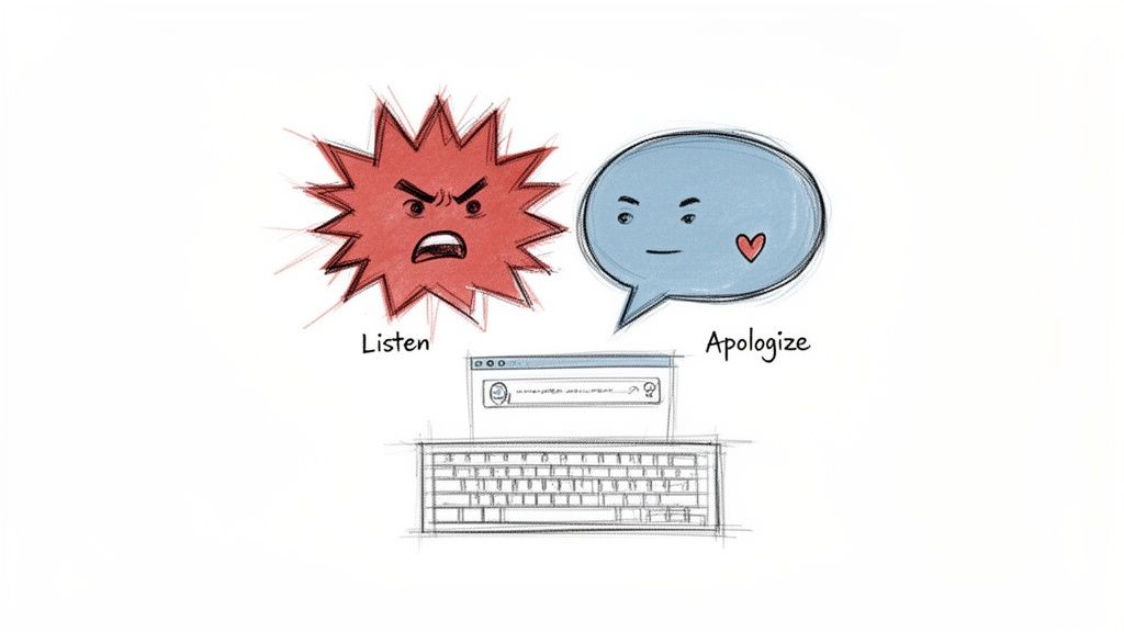 Illustration showing an angry red shape 'Listen' and a calm blue speech bubble 'Apologize' with a heart, above a computer.