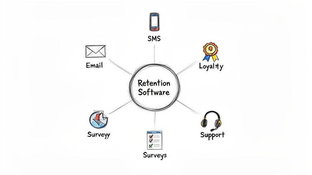 A diagram illustrates Retention Software features including email, SMS, loyalty programs, support, and surveys.
