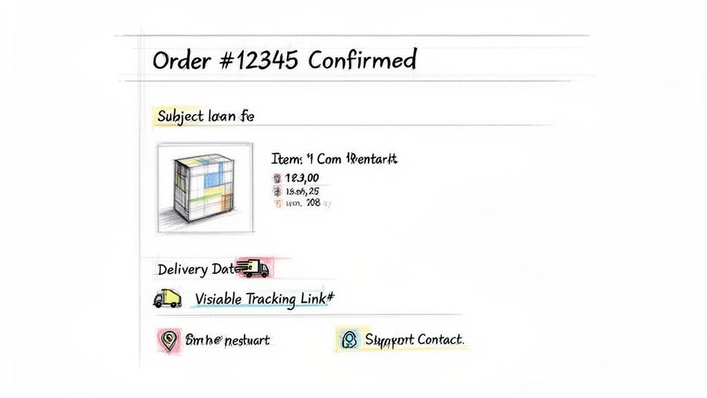 A hand-drawn sketch of an order confirmation email, showing order details, item, price, delivery, and tracking information.