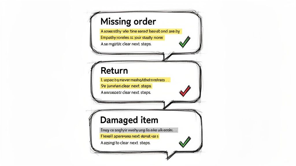 Three speech bubbles illustrate customer service responses for missing orders, returns, and damaged items.