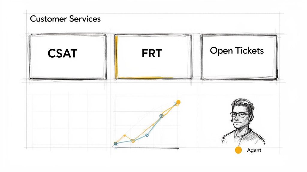 A sketch of a customer service dashboard displaying CSAT, FRT, Open Tickets, a trend graph, and a customer service agent.