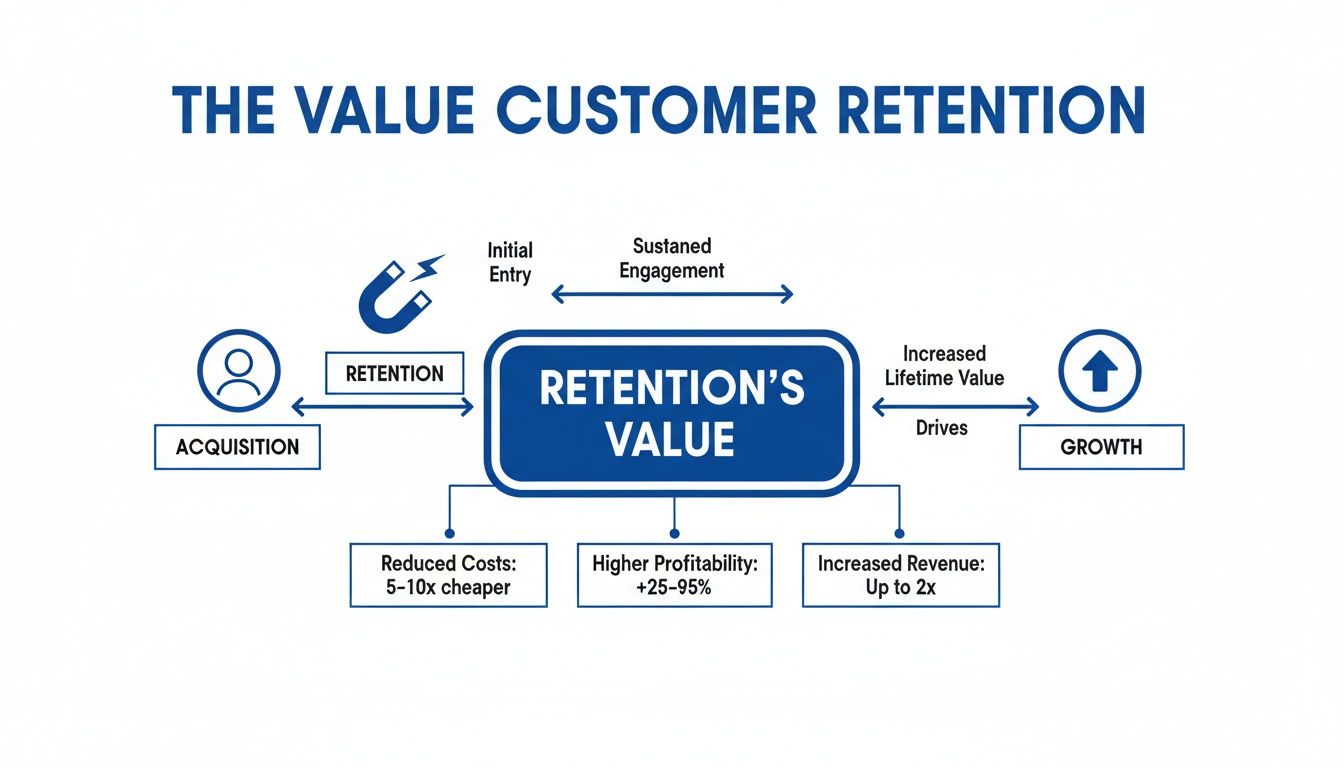 Flowchart illustrating the value of customer retention, detailing its benefits for costs, profitability, revenue, and growth.