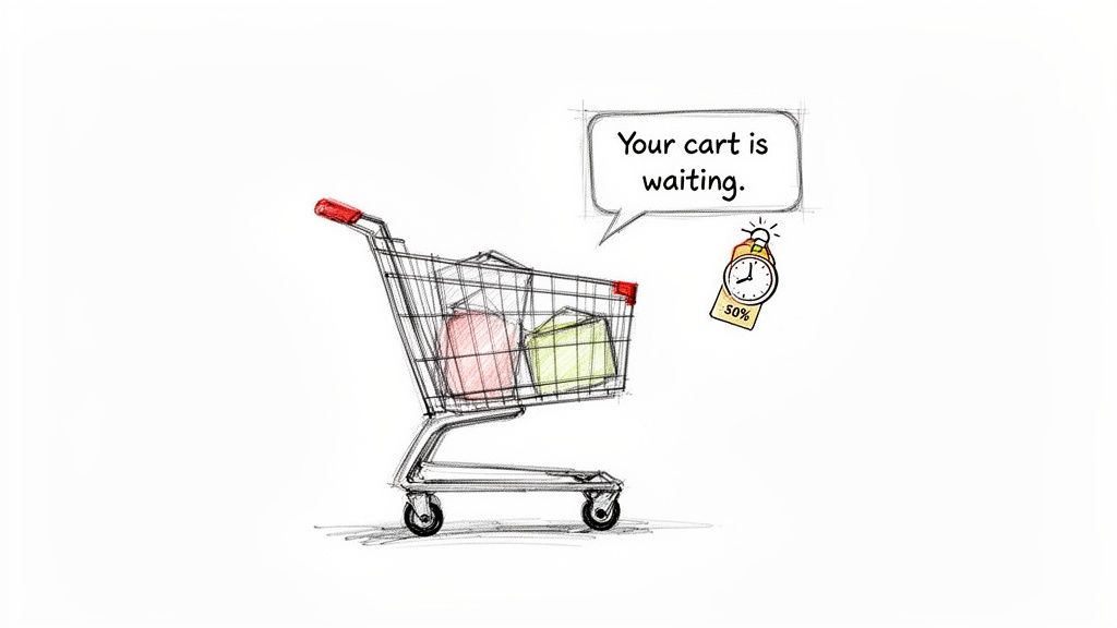 Sketch of a shopping cart with items, a speech bubble 'Your cart is waiting', and a 50% discount clock.