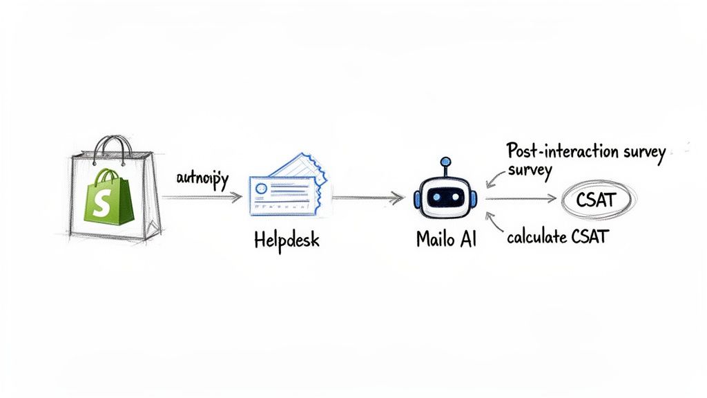 Diagram illustrating a customer service process: Shopify, helpdesk, Mailo AI, and CSAT measurement.