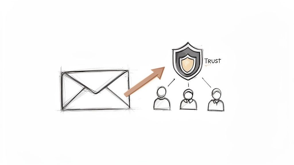 An email icon sends a message to a trust shield, connecting to three recipient figures.