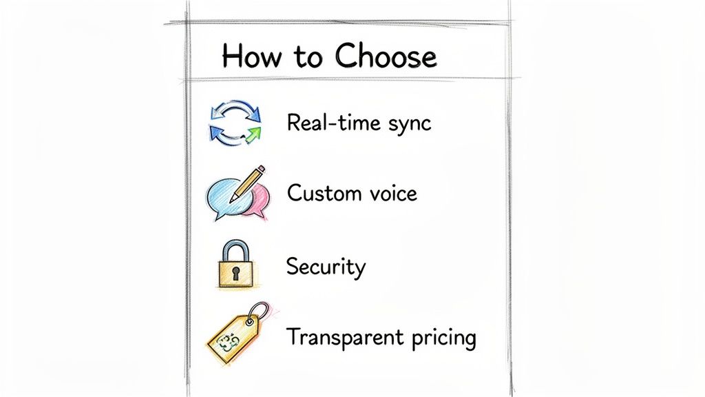 A hand-drawn list titled 'How to Choose' with icons representing real-time sync, custom voice, security, and transparent pricing.