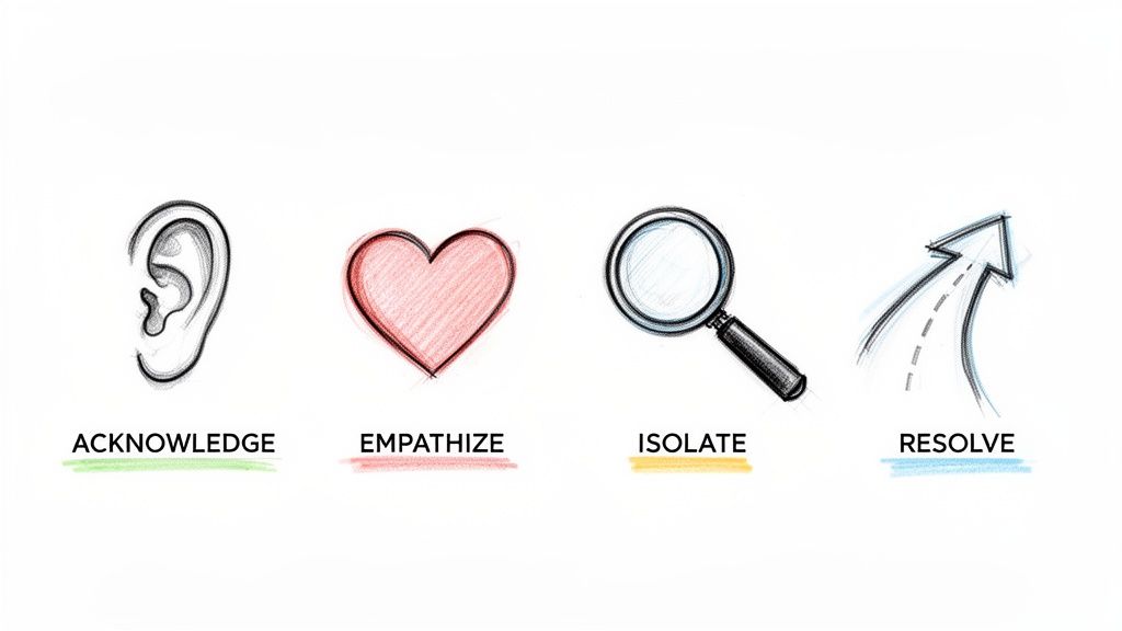 Four sketched icons illustrating steps: Acknowledge (ear), Empathize (heart), Isolate (magnifying glass), and Resolve (arrow).