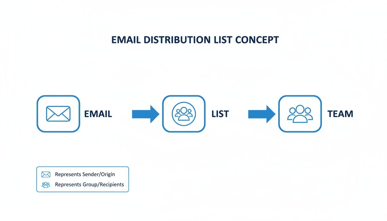 Diagram illustrating the email distribution list concept, showing an email sent to a list of recipients or a team.