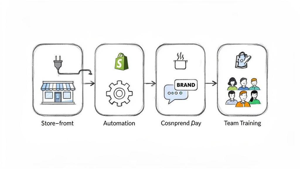 A four-step business process infographic: store-front, automation, brand communication, and team training.